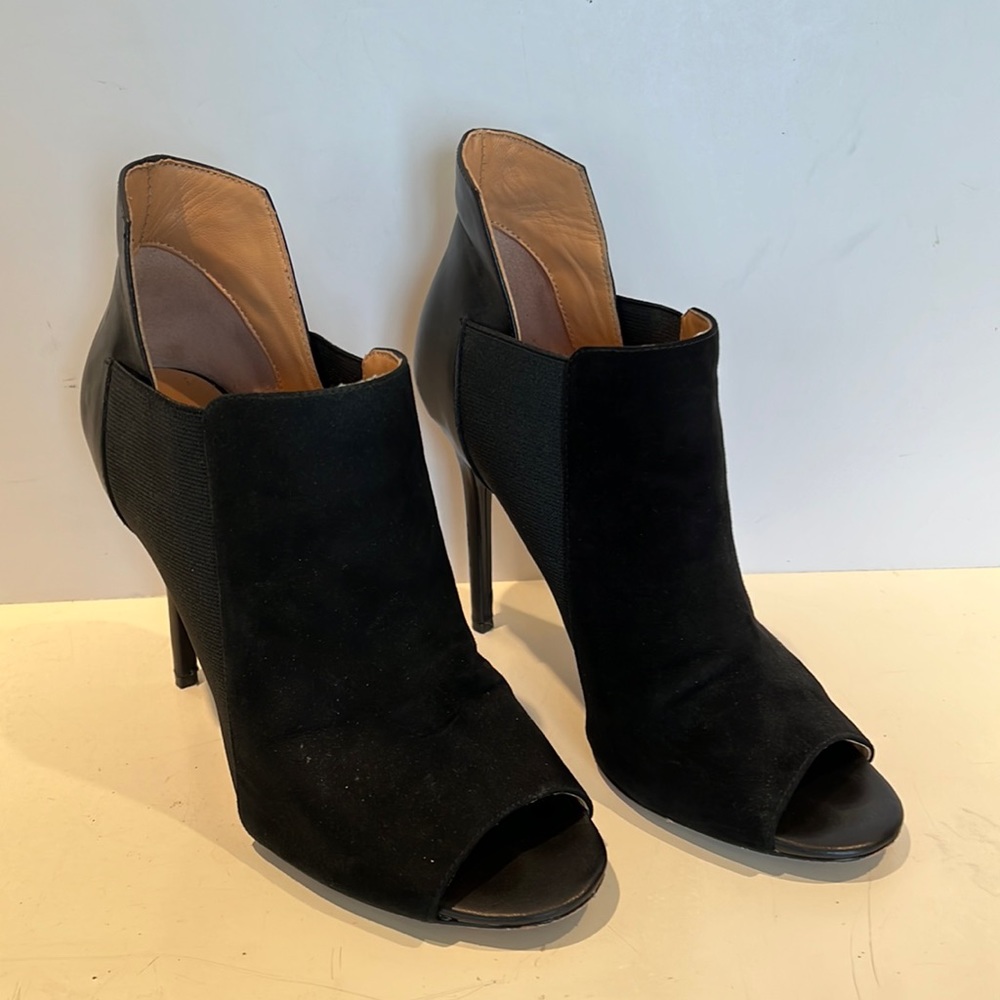 Halston suede and leather peep toe booties